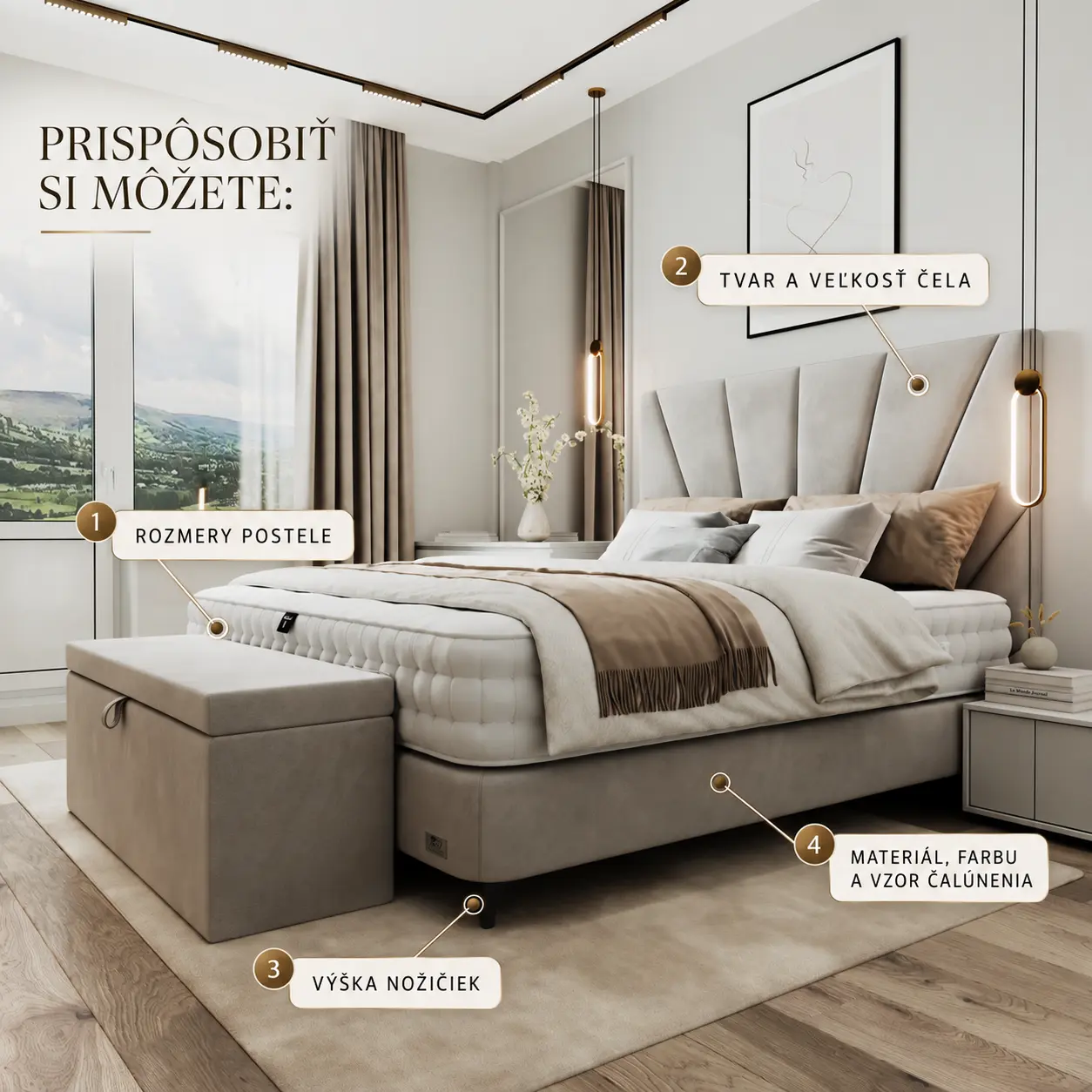 Boxspring posteľ na mieru Westieri s možnosťami úpravy rozmerov, čela, nožičiek a čalúnenia